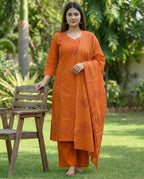 Orange Pure Cotton A-Line Kurti Pant Dupatta Set with Mirror Work for Women