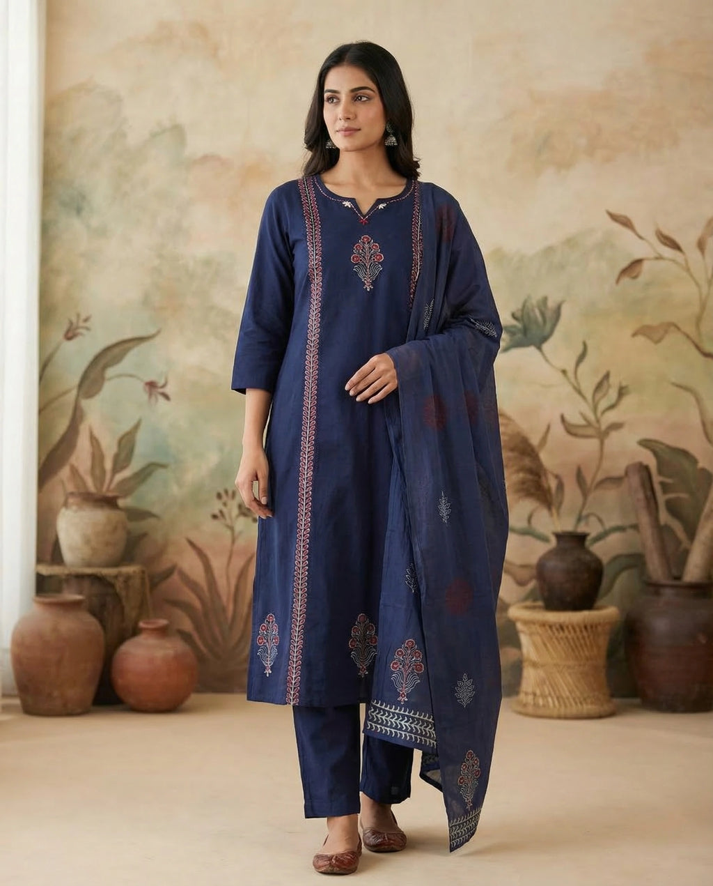 Navy Blue Pure Cotton A-Line Kurti Pant Dupatta Set with Mirror Work for Women | Aarvya Fashion