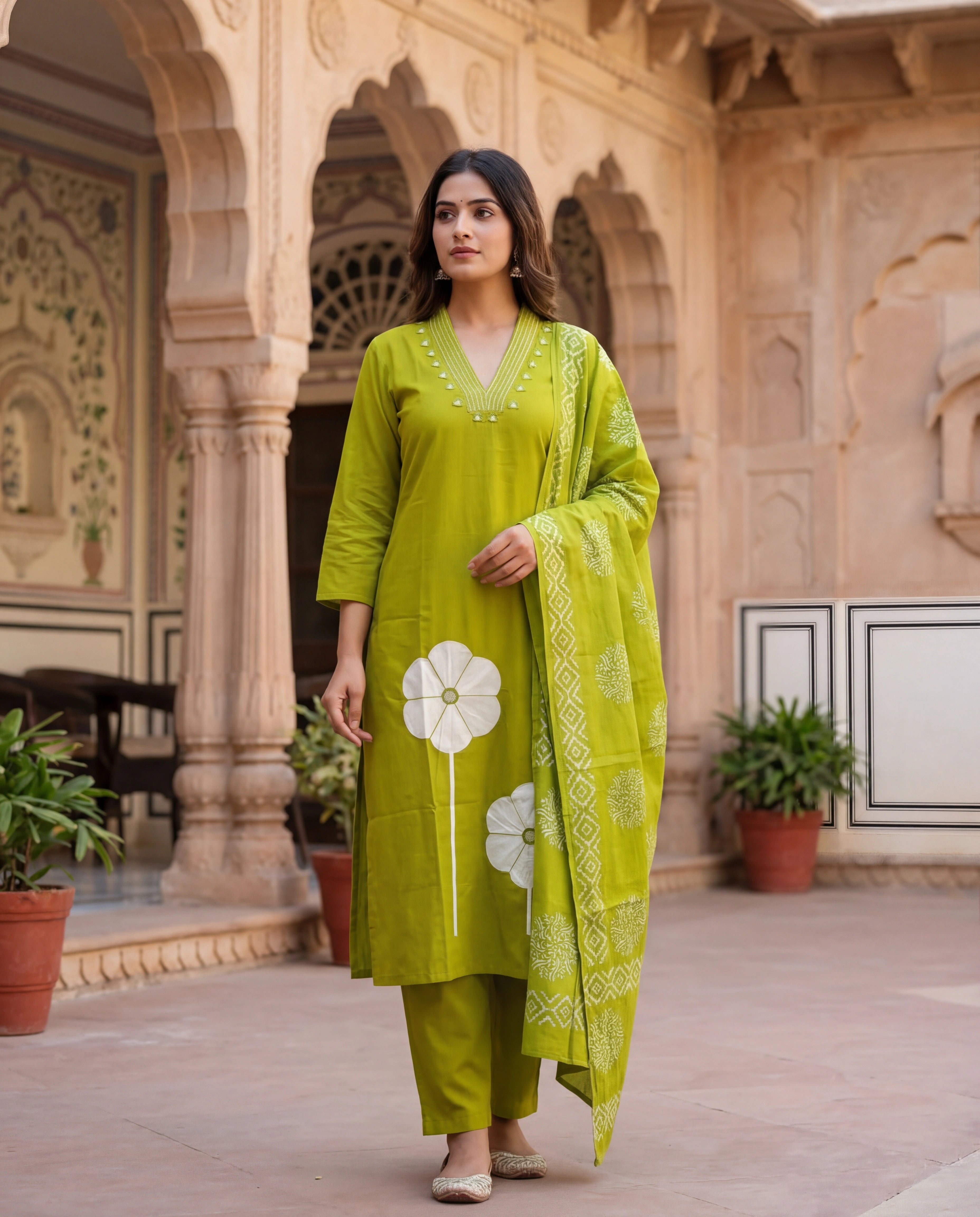 Parrot Green Cotton A-Line Kurti Pant Dupatta Set with Mirror Work | Aarvya Fashion