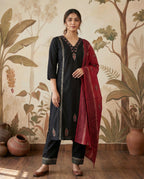 Black Pure Cotton A-Line Kurti Pant Dupatta Set with Mirror Work for Women
