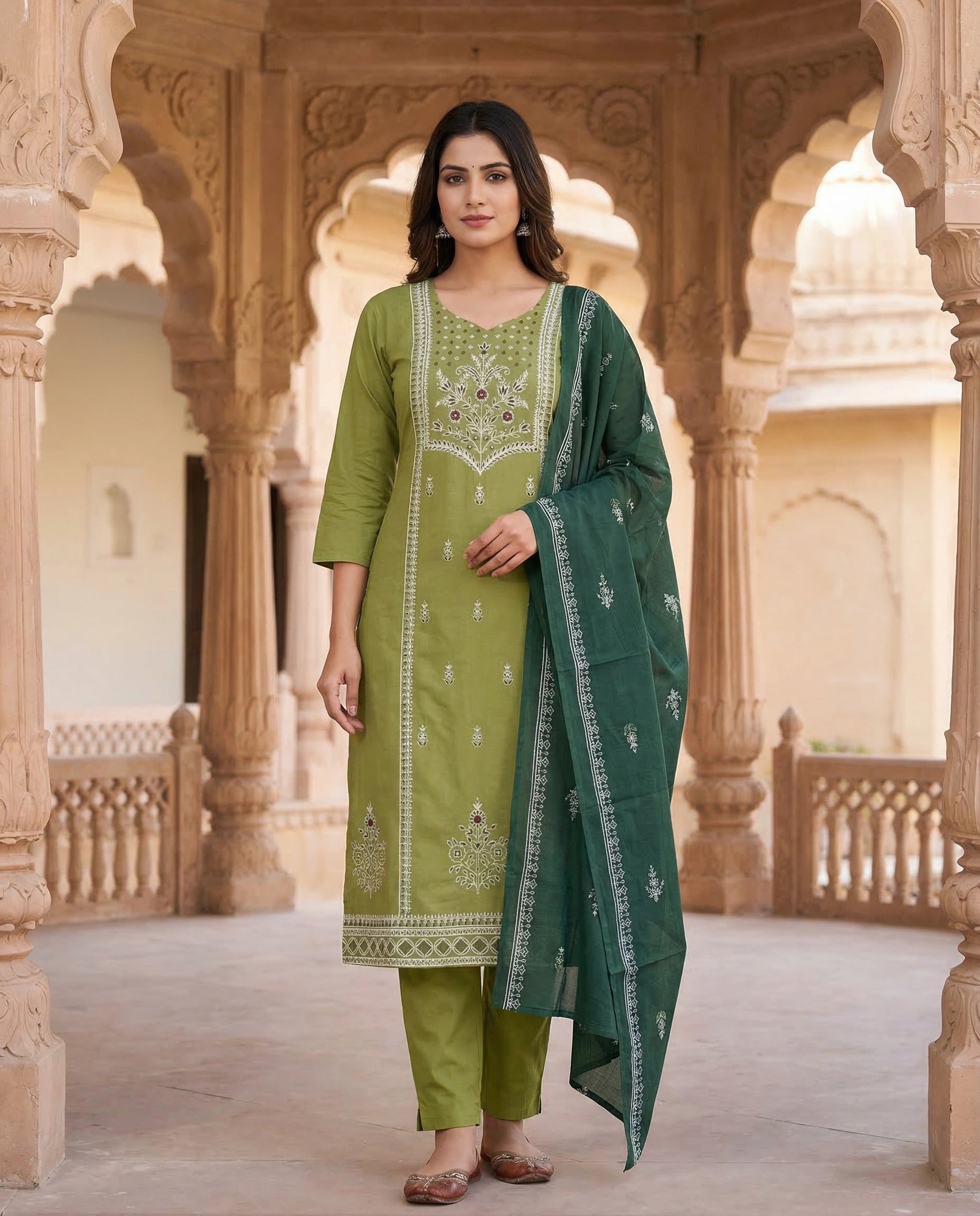 Pista Green Cotton Kurti Pant Dupatta Set with Mirror Work | Aarvya Fashion