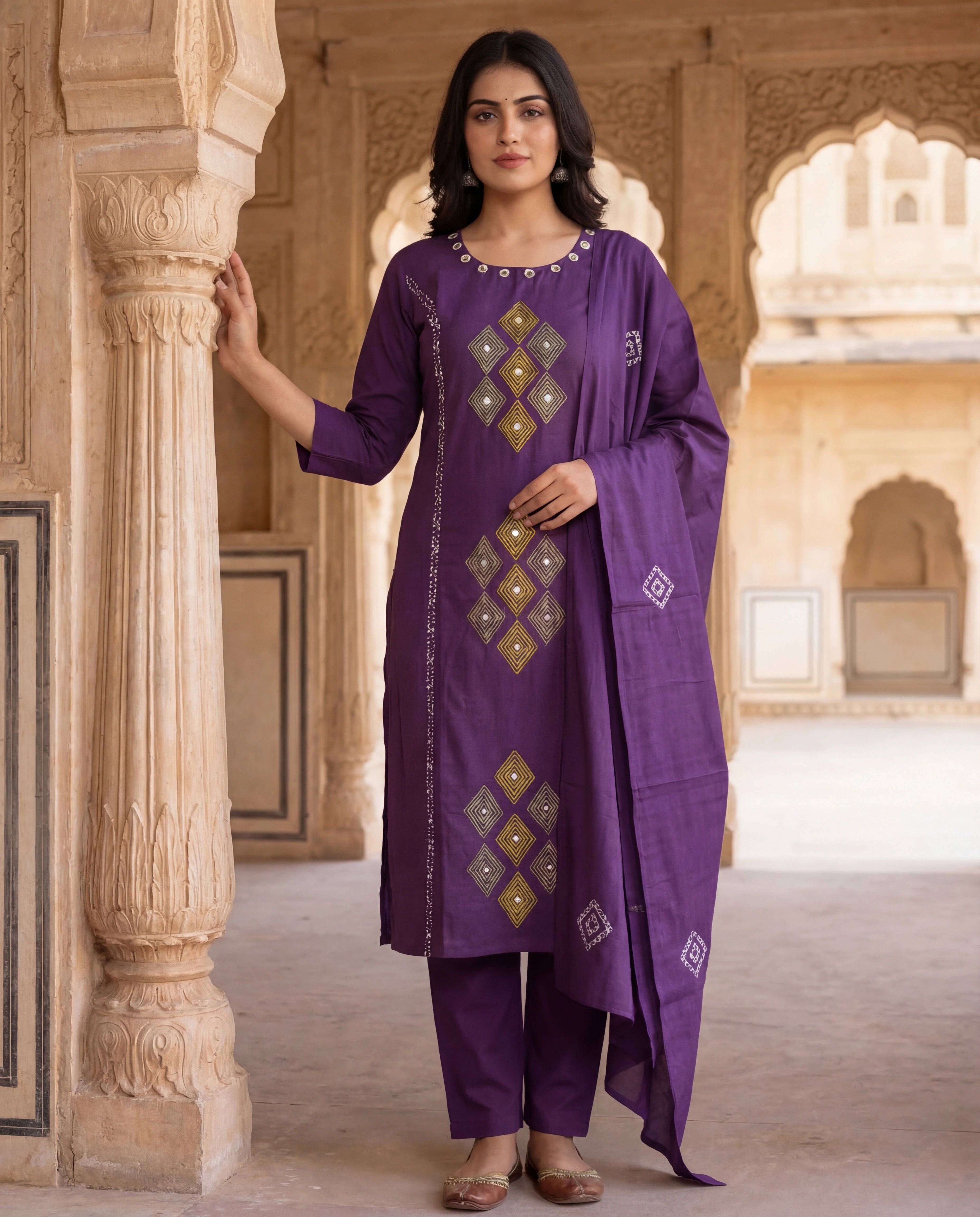 Purple Cotton Kurti Pant Dupatta Set with Mirror Work | Aarvya Fashion