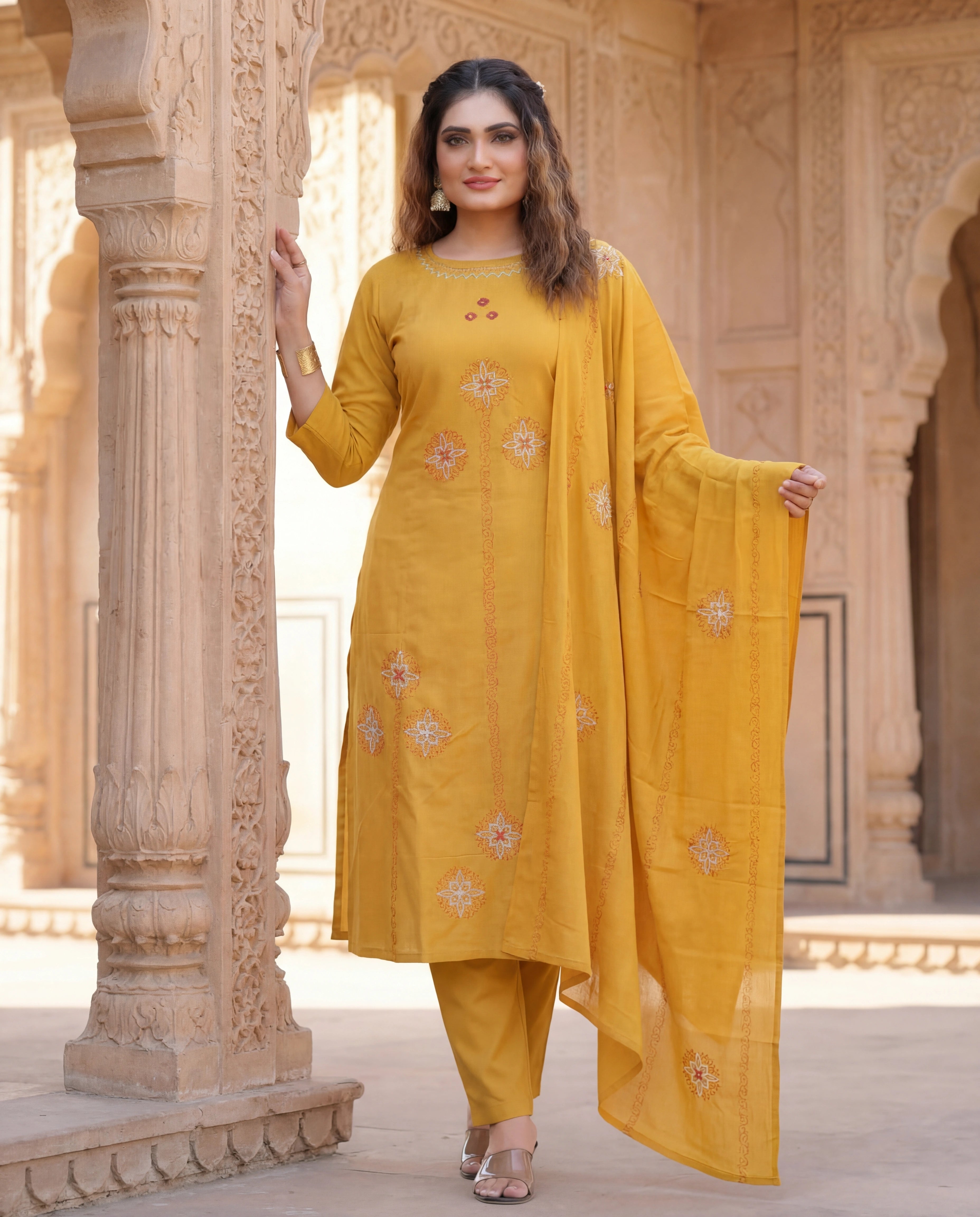 Mustard Cotton A-Line Kurti Pant Dupatta Set with Mirror Work | Aarvya Fashion