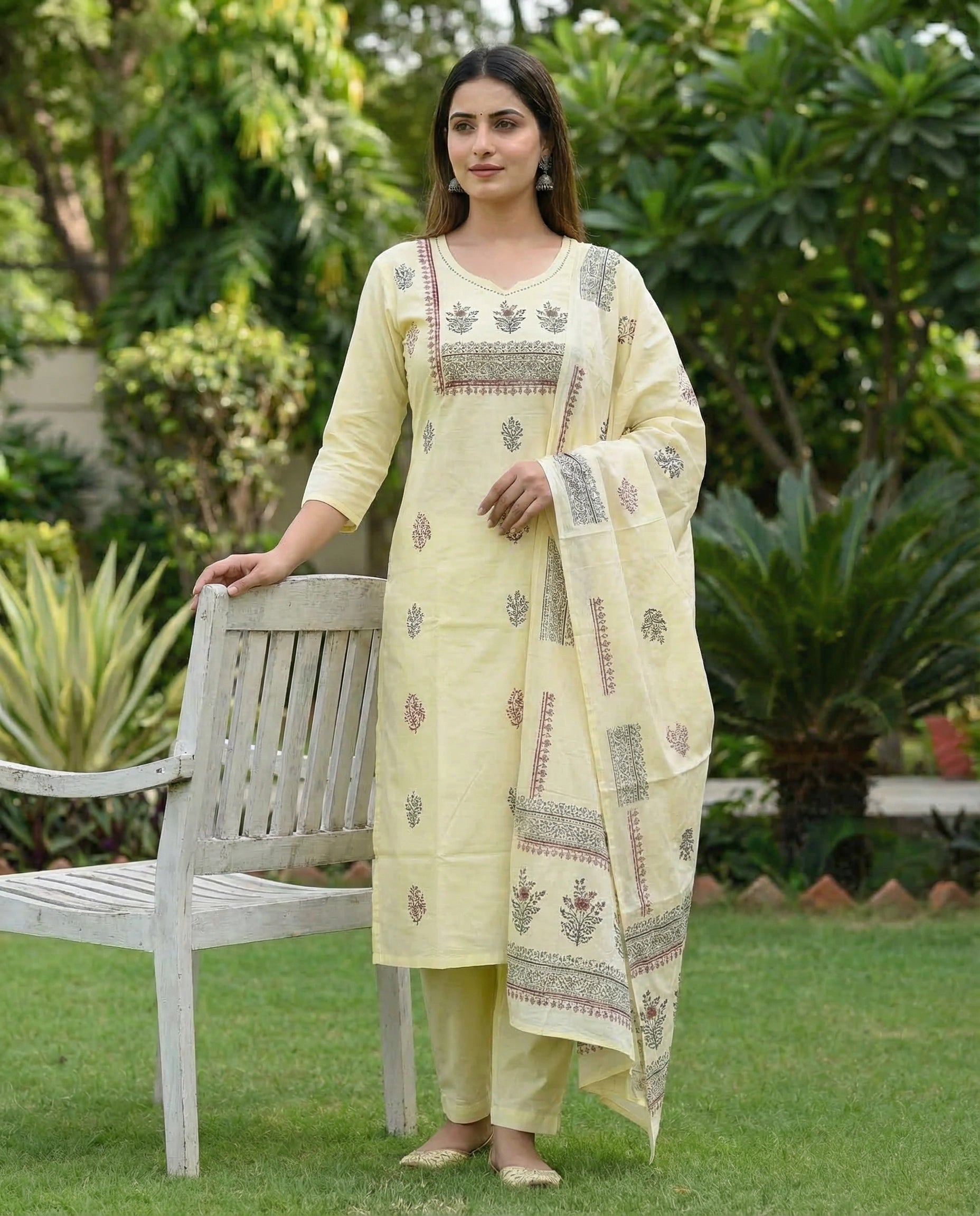 Light Yellow Pure Cotton A-Line Kurti Pant Dupatta Set with Mirror Work for Women