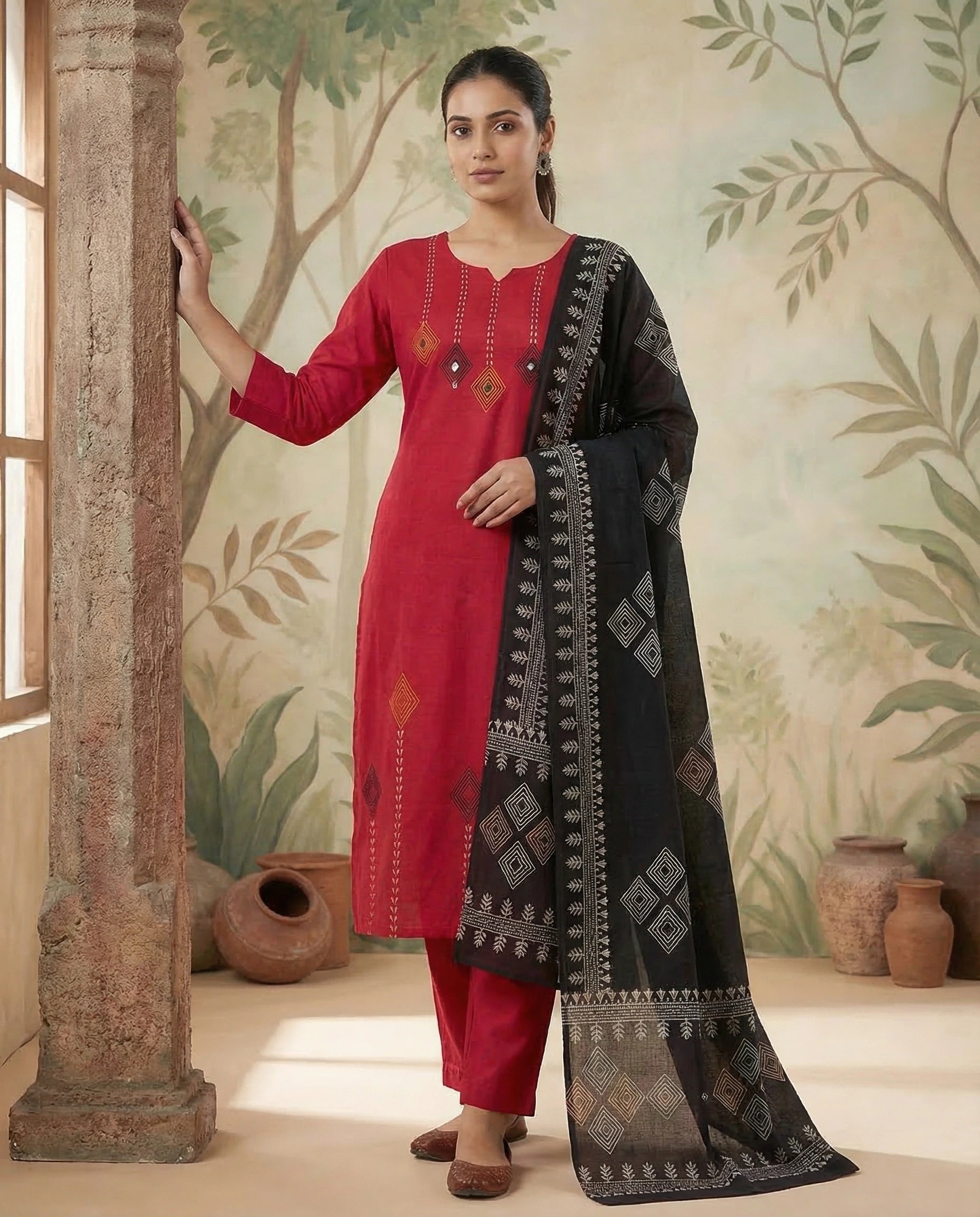 Cherry Pure Cotton Kurti Pant Dupatta Set with Mirror Work for Women