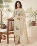 Cream Pure Cotton A-Line Kurti Pant Dupatta Set with Embroidery Work for Women