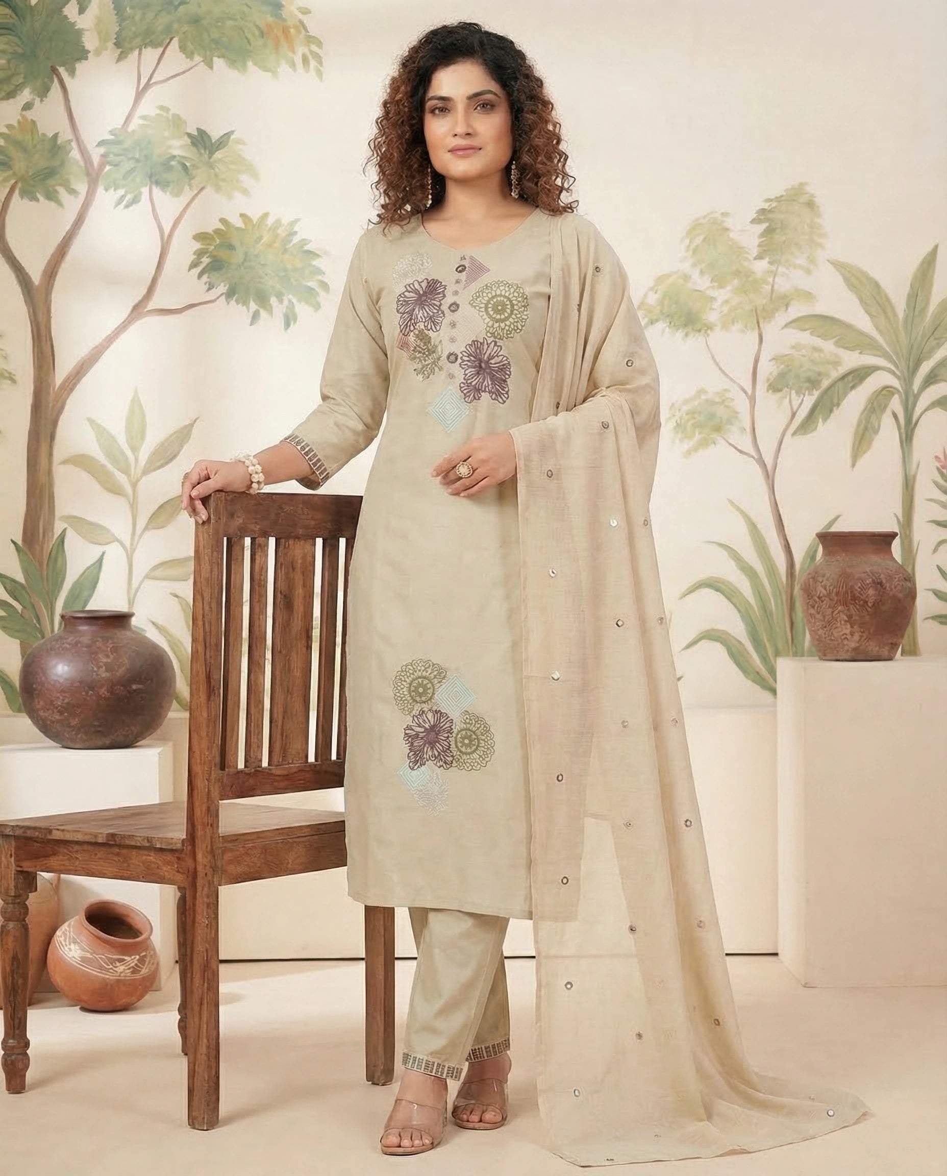 Cream Pure Cotton A-Line Kurti Pant Dupatta Set with Embroidery Work for Women
