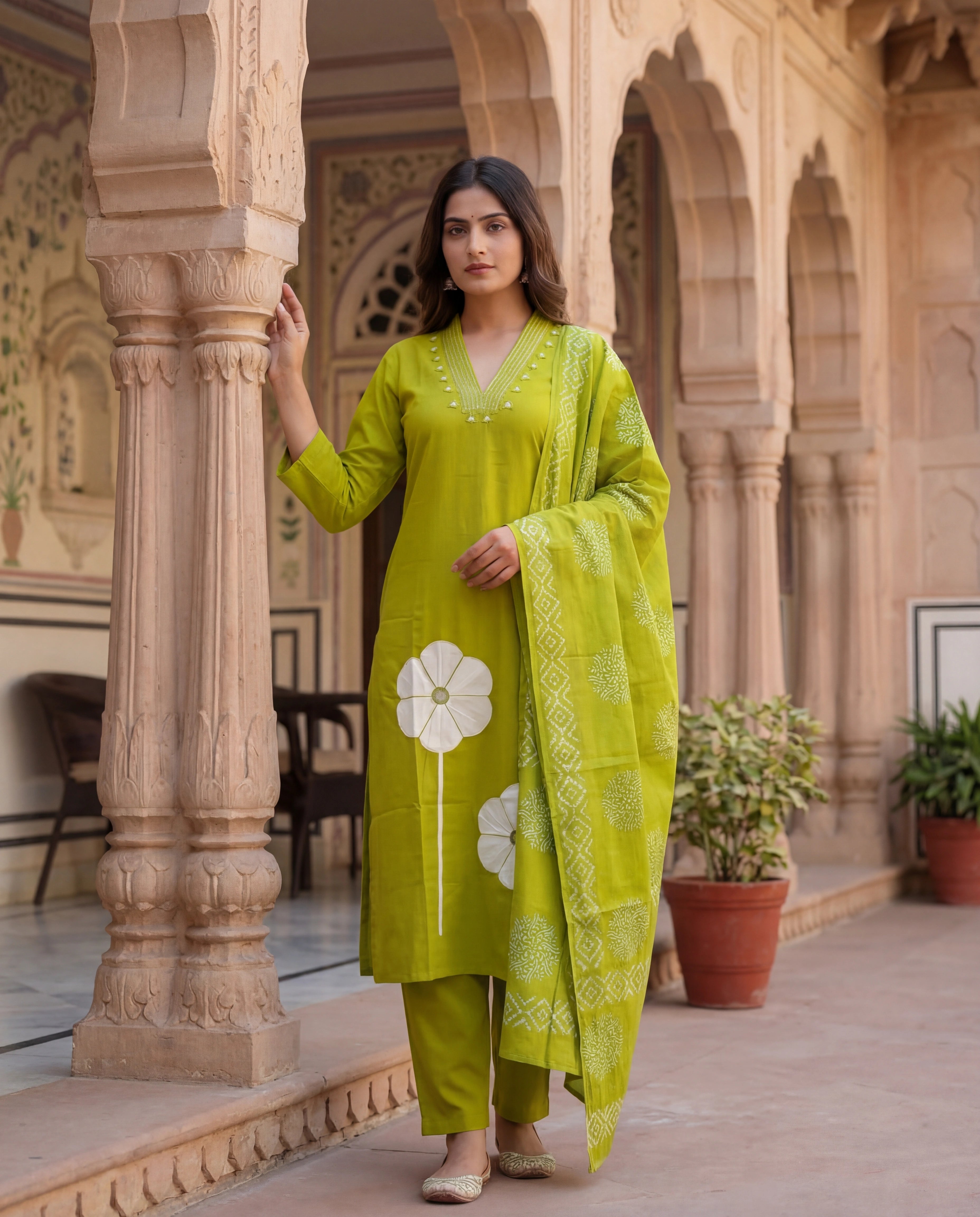 Parrot Green Cotton A-Line Kurti Pant Dupatta Set with Mirror Work | Aarvya Fashion
