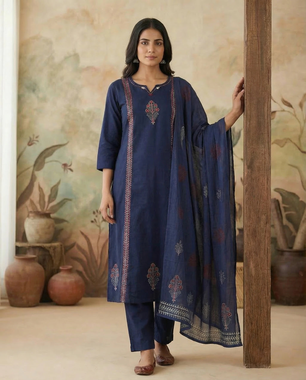 Navy Blue Pure Cotton A-Line Kurti Pant Dupatta Set with Mirror Work for Women | Aarvya Fashion