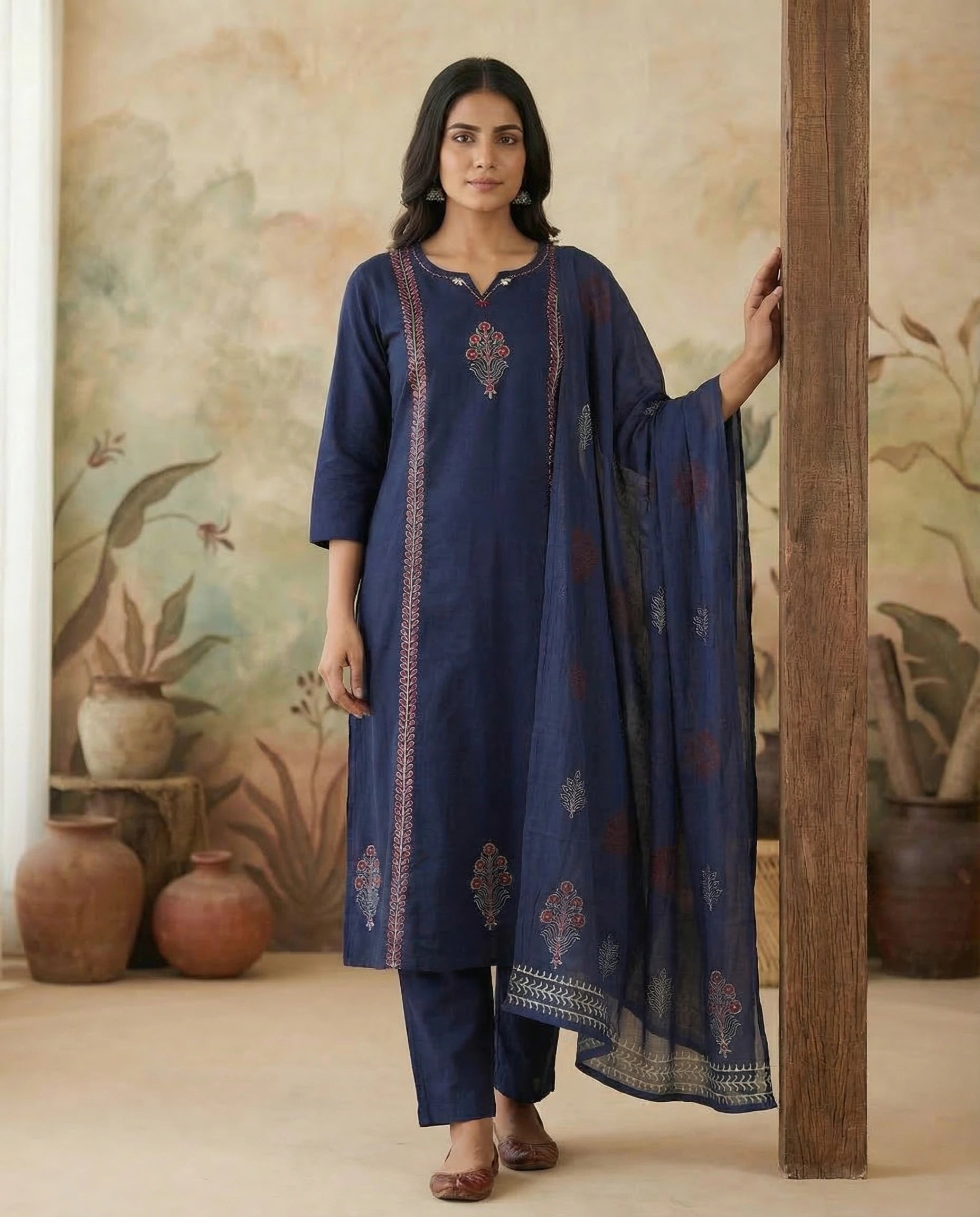 Navy Blue Pure Cotton A-Line Kurti Pant Dupatta Set with Mirror Work for Women | Aarvya Fashion