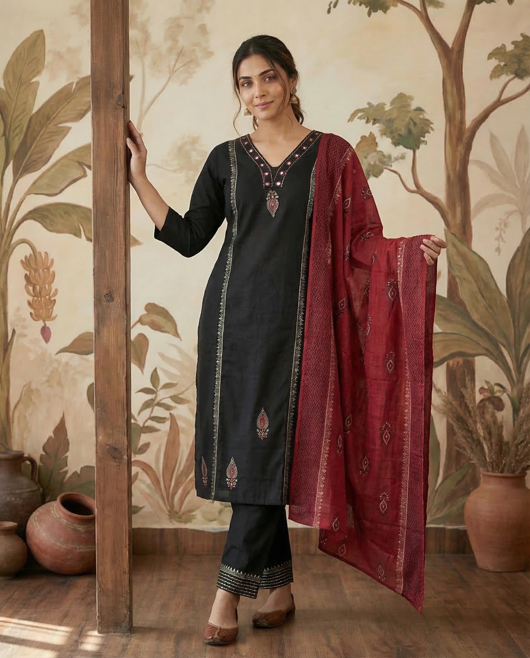 Black Pure Cotton A-Line Kurti Pant Dupatta Set with Mirror Work for Women
