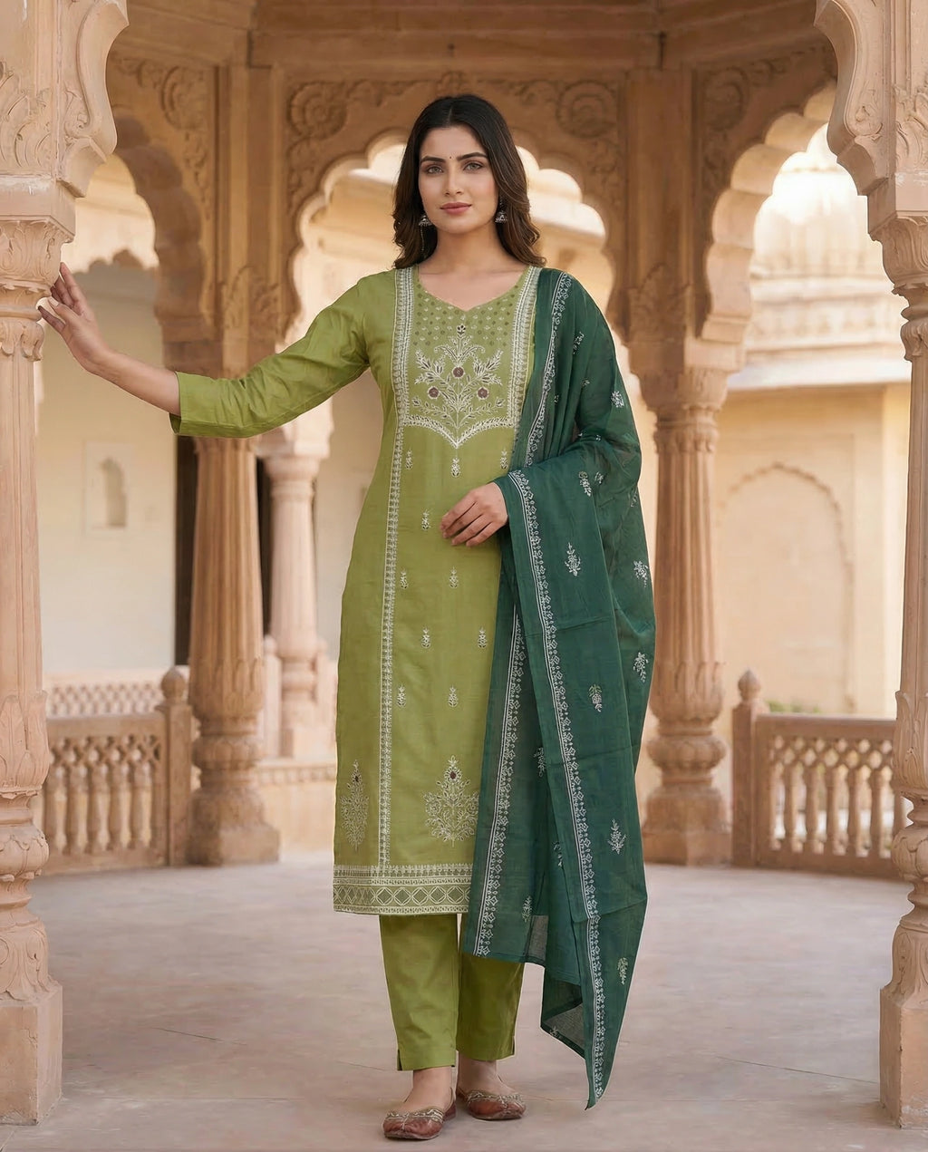 Pista Green Cotton Kurti Pant Dupatta Set with Mirror Work | Aarvya Fashion