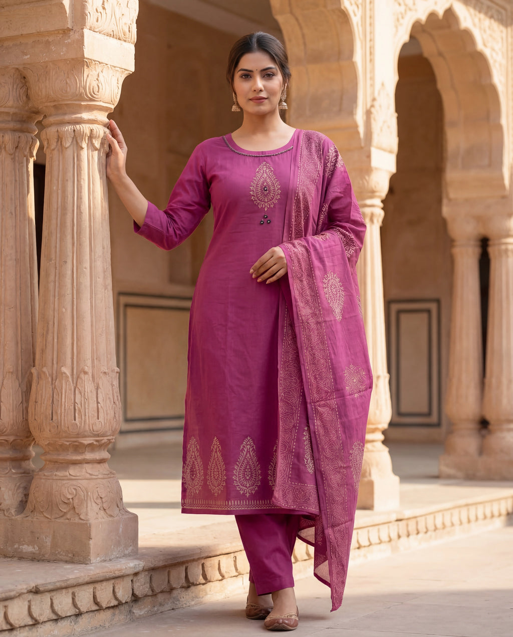 Rouge Cotton A-Line Kurti Pant Dupatta Set with Mirror Work | Aarvya Fashion