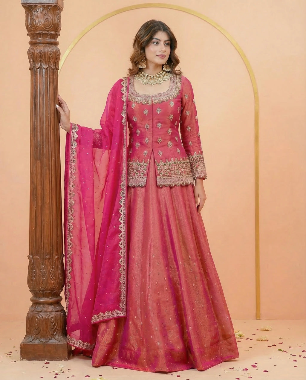 Pink Pushkar Roman Silk Lehenga Choli Set with Beads & Stones Embroidery for Women