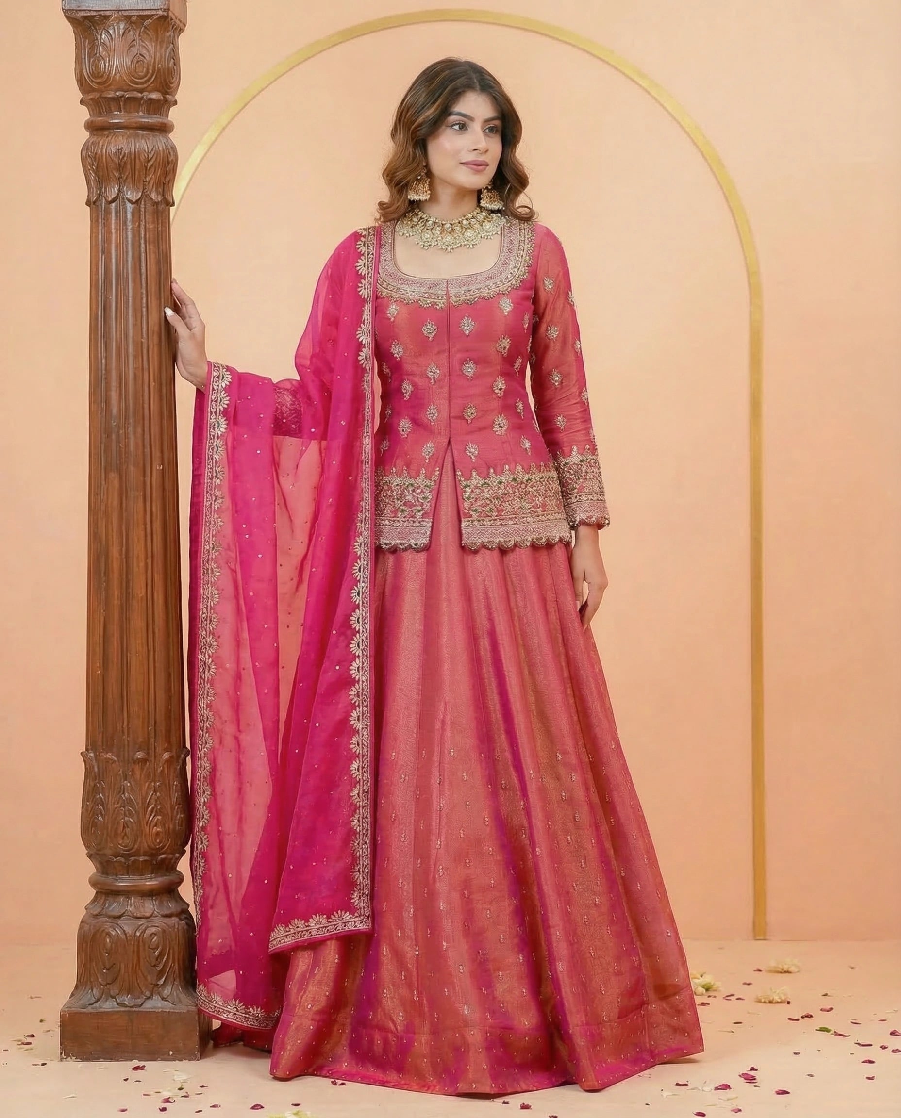 Pink Pushkar Roman Silk Lehenga Choli Set with Beads & Stones Embroidery for Women
