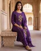 Purple Cotton Kurti Pant Dupatta Set with Mirror Work | Aarvya Fashion
