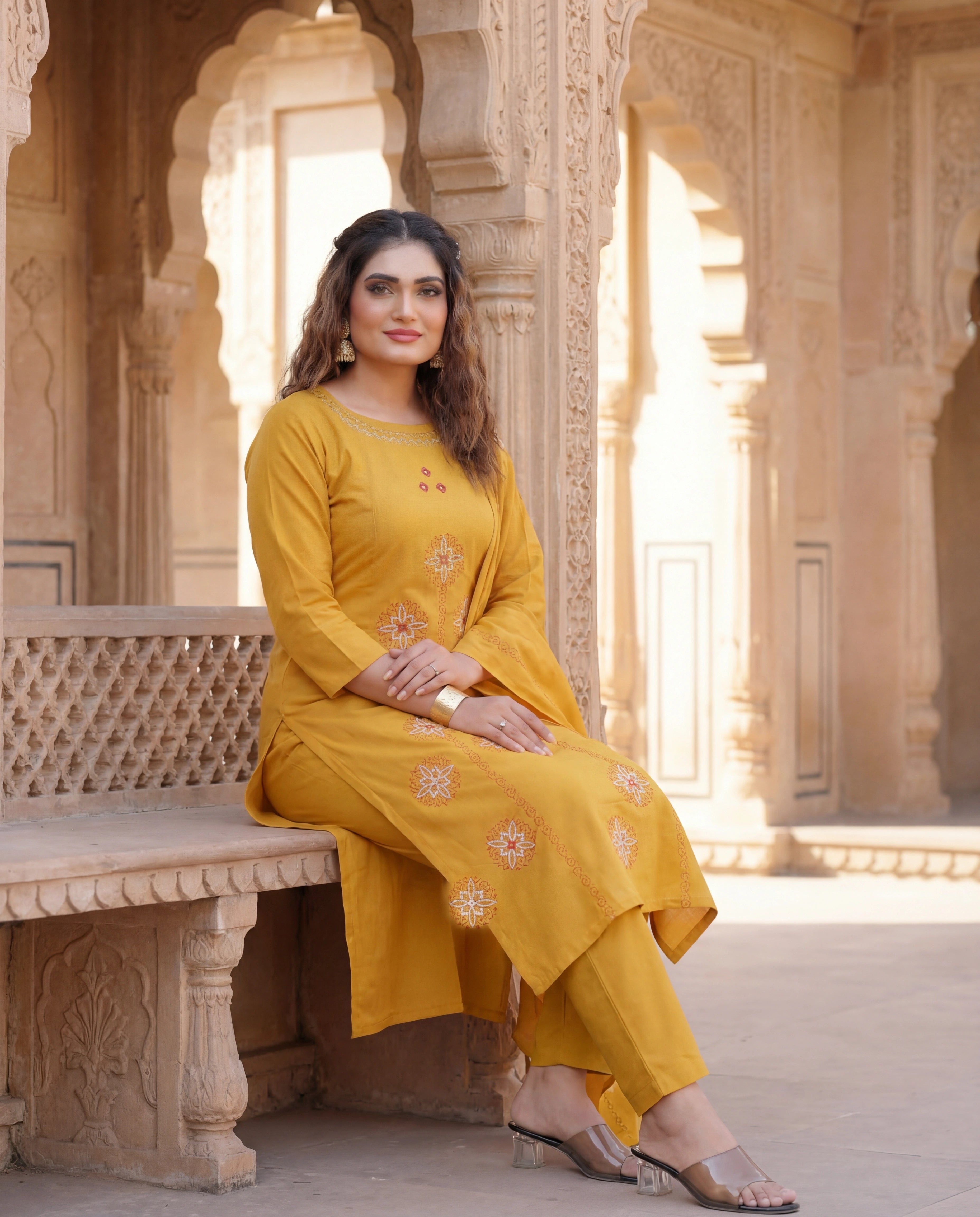 Mustard Cotton A-Line Kurti Pant Dupatta Set with Mirror Work | Aarvya Fashion