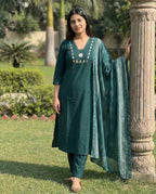 Morphich Pure Cotton A-Line Kurti Pant Dupatta Set with Mirror Work for Women