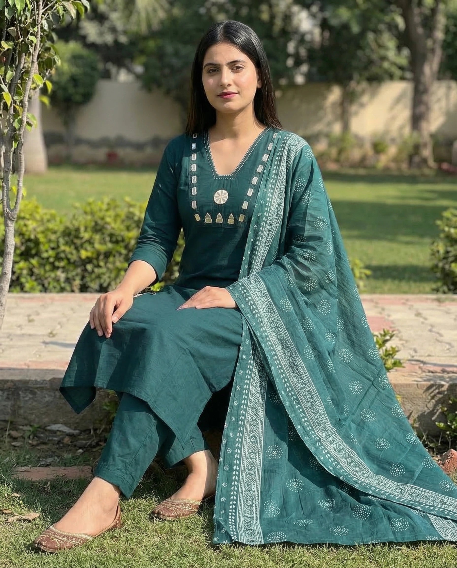 Morphich Pure Cotton A-Line Kurti Pant Dupatta Set with Mirror Work for Women