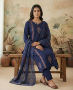 Navy Blue Pure Cotton A-Line Kurti Pant Dupatta Set with Mirror Work for Women | Aarvya Fashion