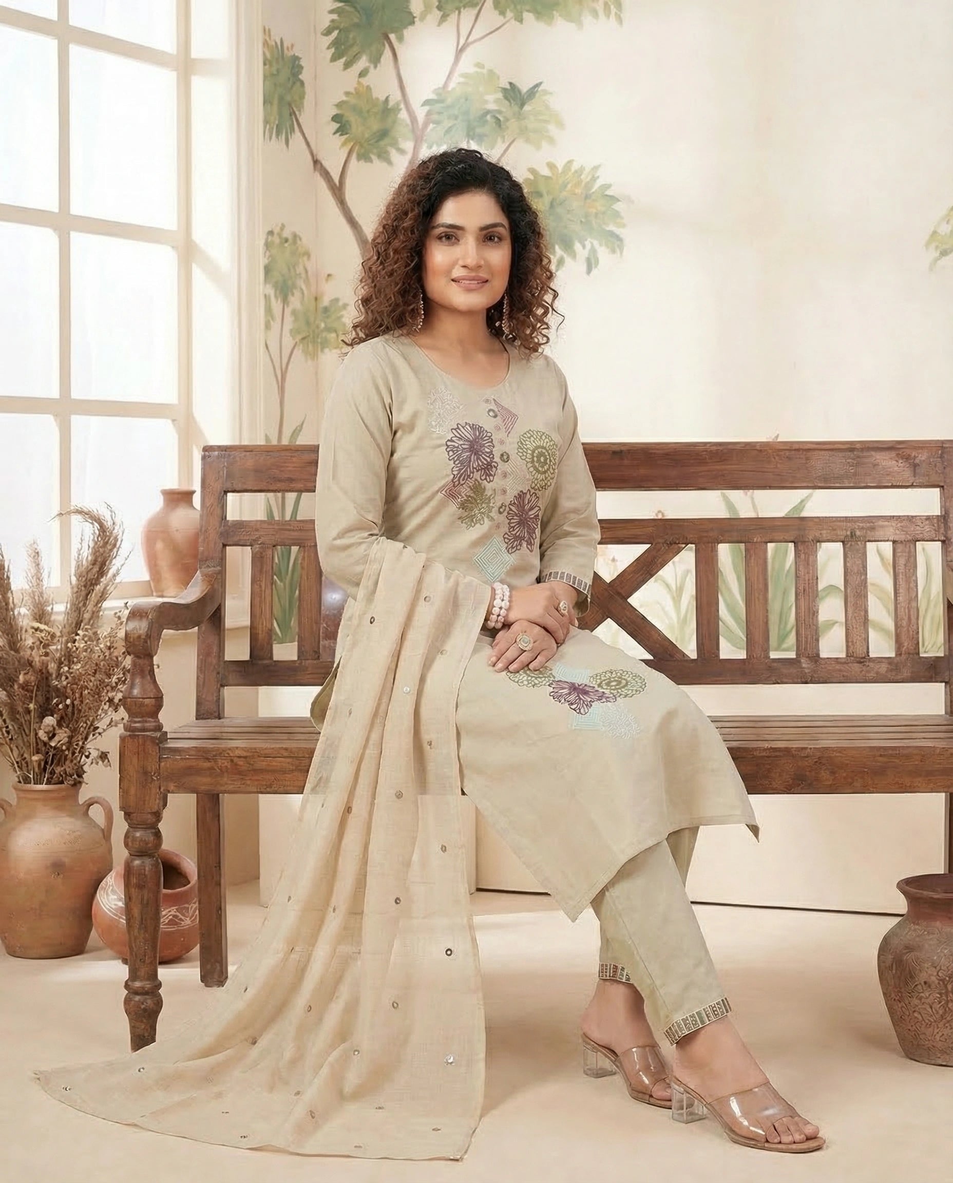 Cream Pure Cotton A-Line Kurti Pant Dupatta Set with Embroidery Work for Women