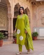 Parrot Green Cotton A-Line Kurti Pant Dupatta Set with Mirror Work | Aarvya Fashion