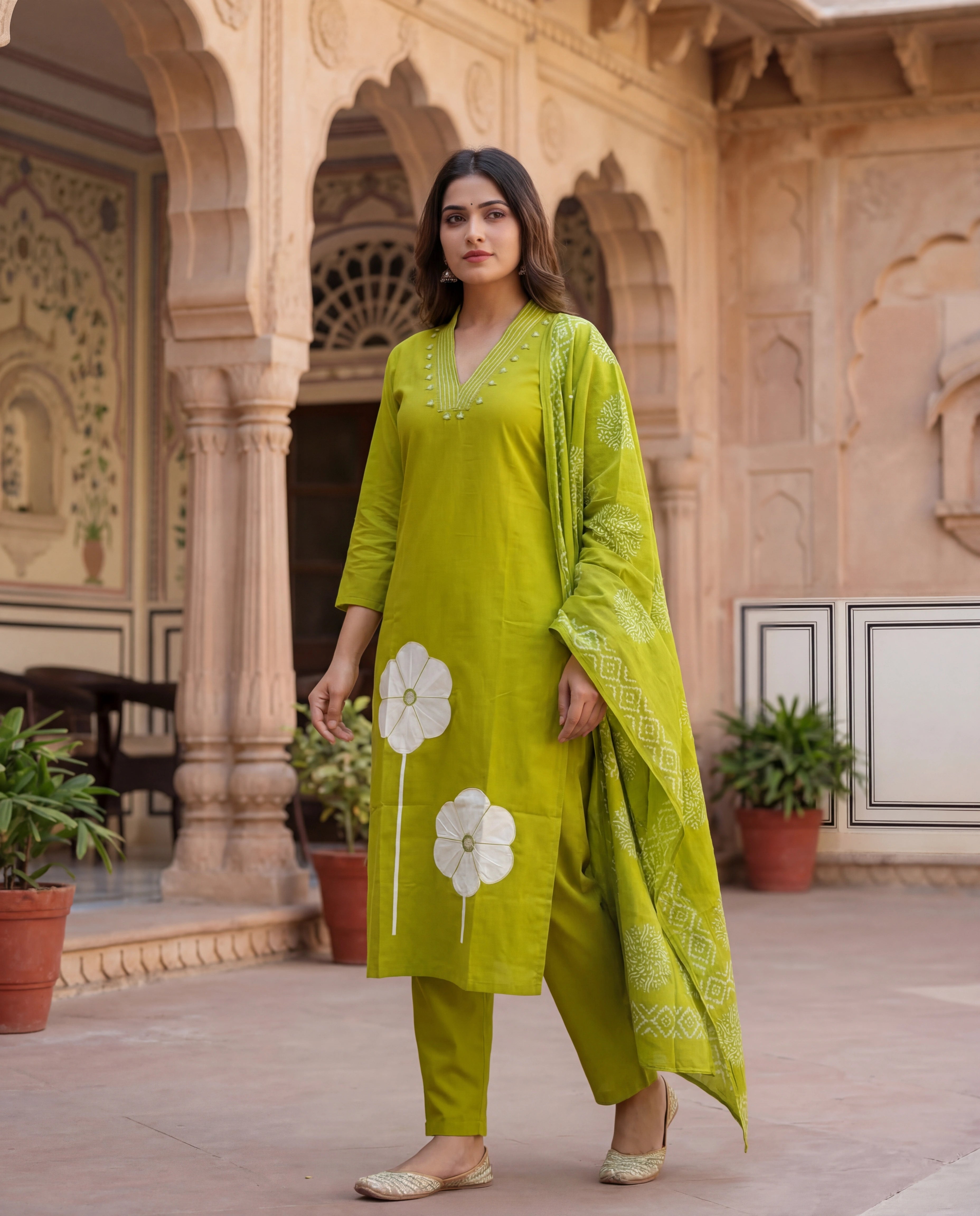 Parrot Green Cotton A-Line Kurti Pant Dupatta Set with Mirror Work | Aarvya Fashion