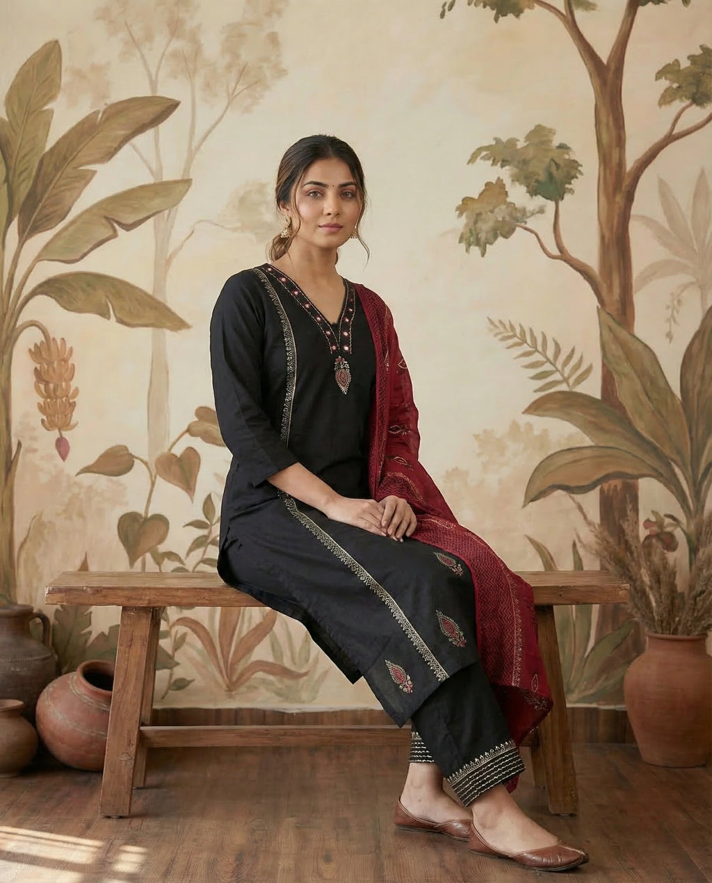 Black Pure Cotton A-Line Kurti Pant Dupatta Set with Mirror Work for Women