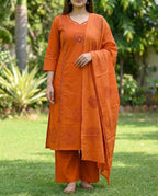 Orange Pure Cotton A-Line Kurti Pant Dupatta Set with Mirror Work for Women