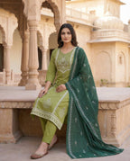 Pista Green Cotton Kurti Pant Dupatta Set with Mirror Work | Aarvya Fashion