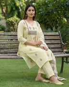 Light Yellow Pure Cotton A-Line Kurti Pant Dupatta Set with Mirror Work for Women