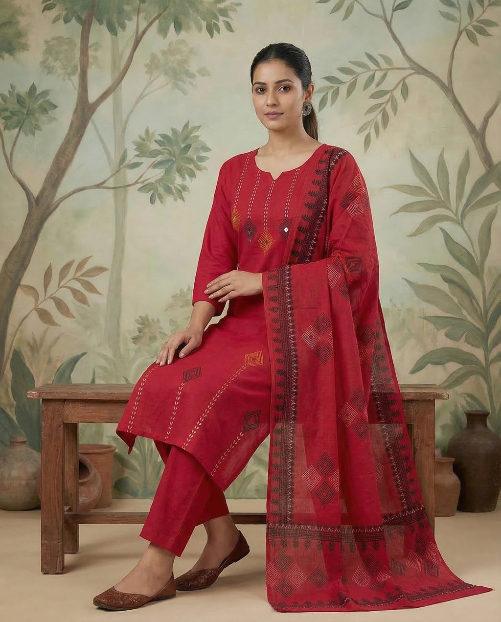 Cherry Pure Cotton Kurti Pant Dupatta Set with Mirror Work for Women