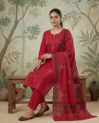 Cherry Pure Cotton Kurti Pant Dupatta Set with Mirror Work for Women