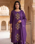 Purple Cotton Kurti Pant Dupatta Set with Mirror Work | Aarvya Fashion