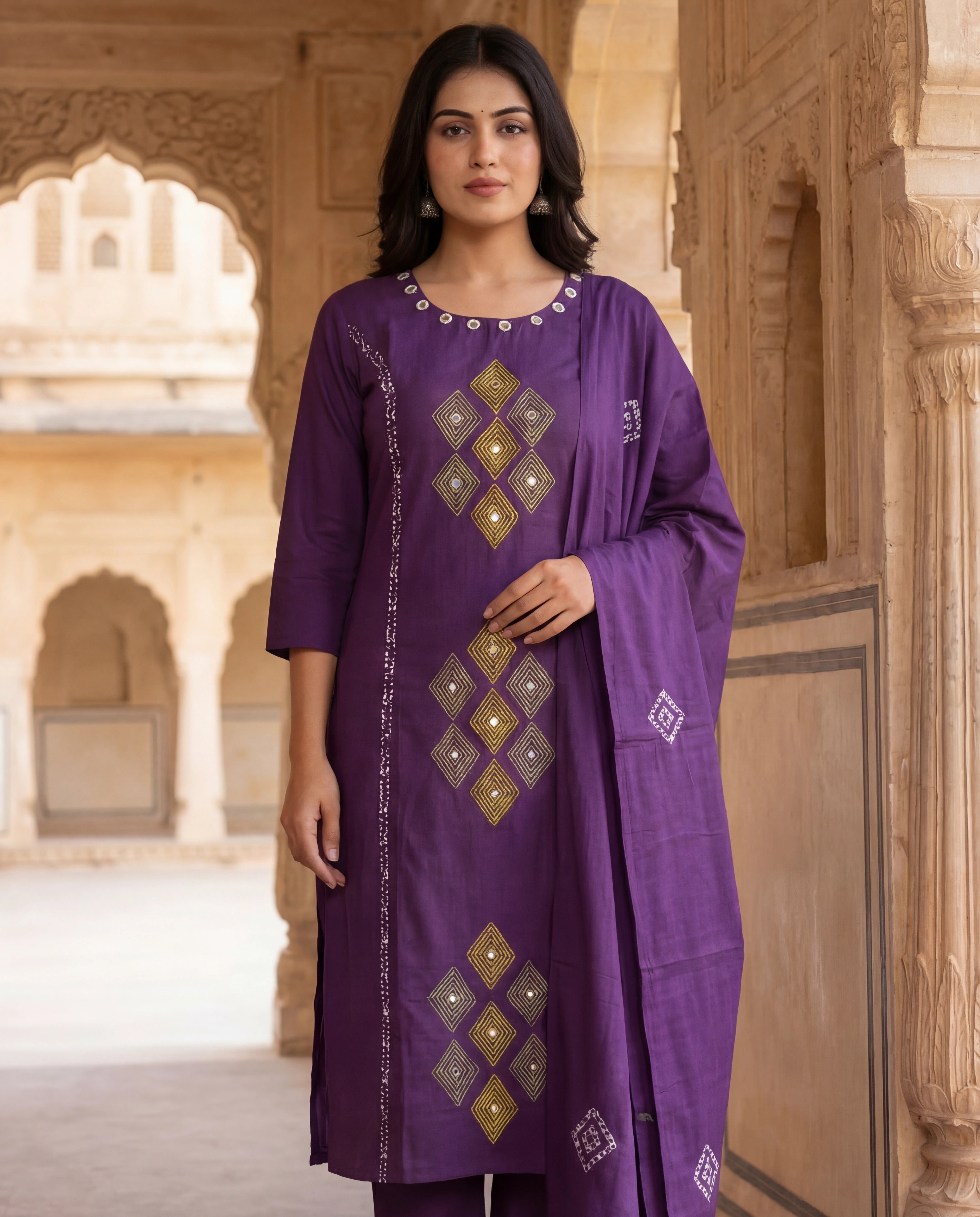 Purple Cotton Kurti Pant Dupatta Set with Mirror Work | Aarvya Fashion