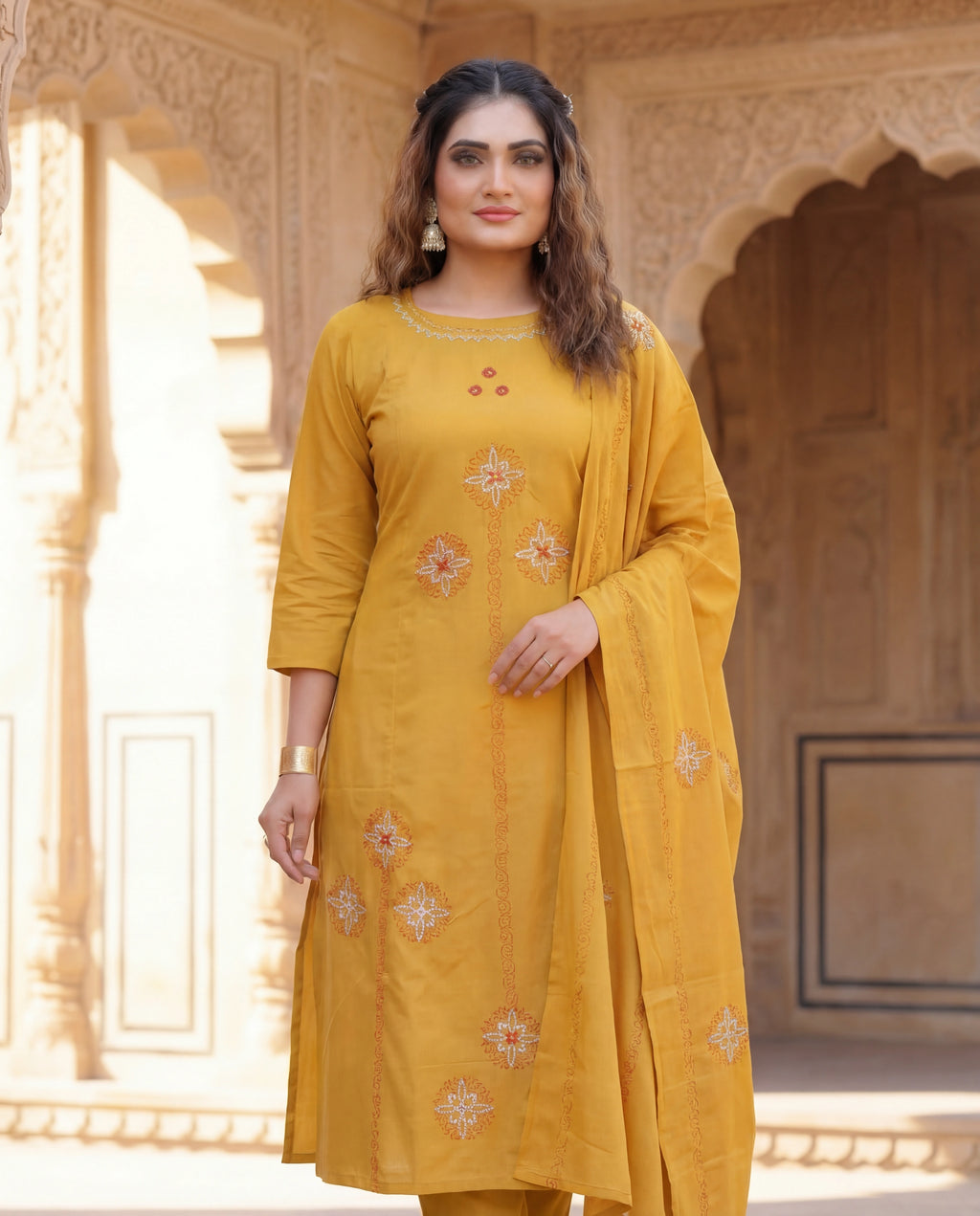 Mustard Cotton A-Line Kurti Pant Dupatta Set with Mirror Work | Aarvya Fashion