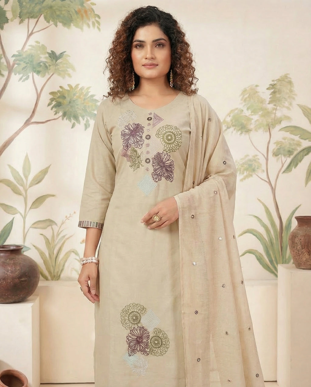 Cream Pure Cotton A-Line Kurti Pant Dupatta Set with Embroidery Work for Women
