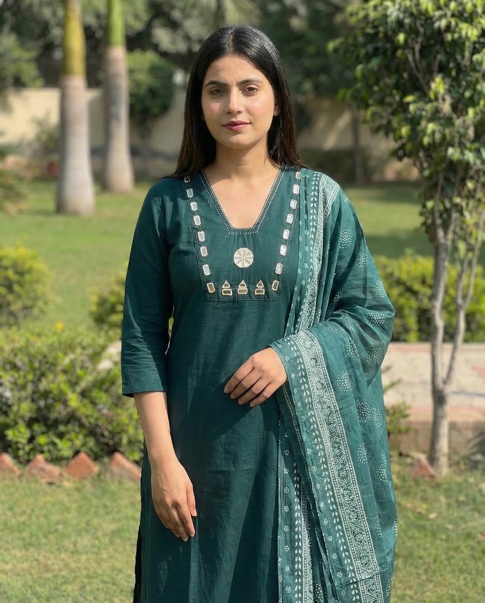 Morphich Pure Cotton A-Line Kurti Pant Dupatta Set with Mirror Work for Women