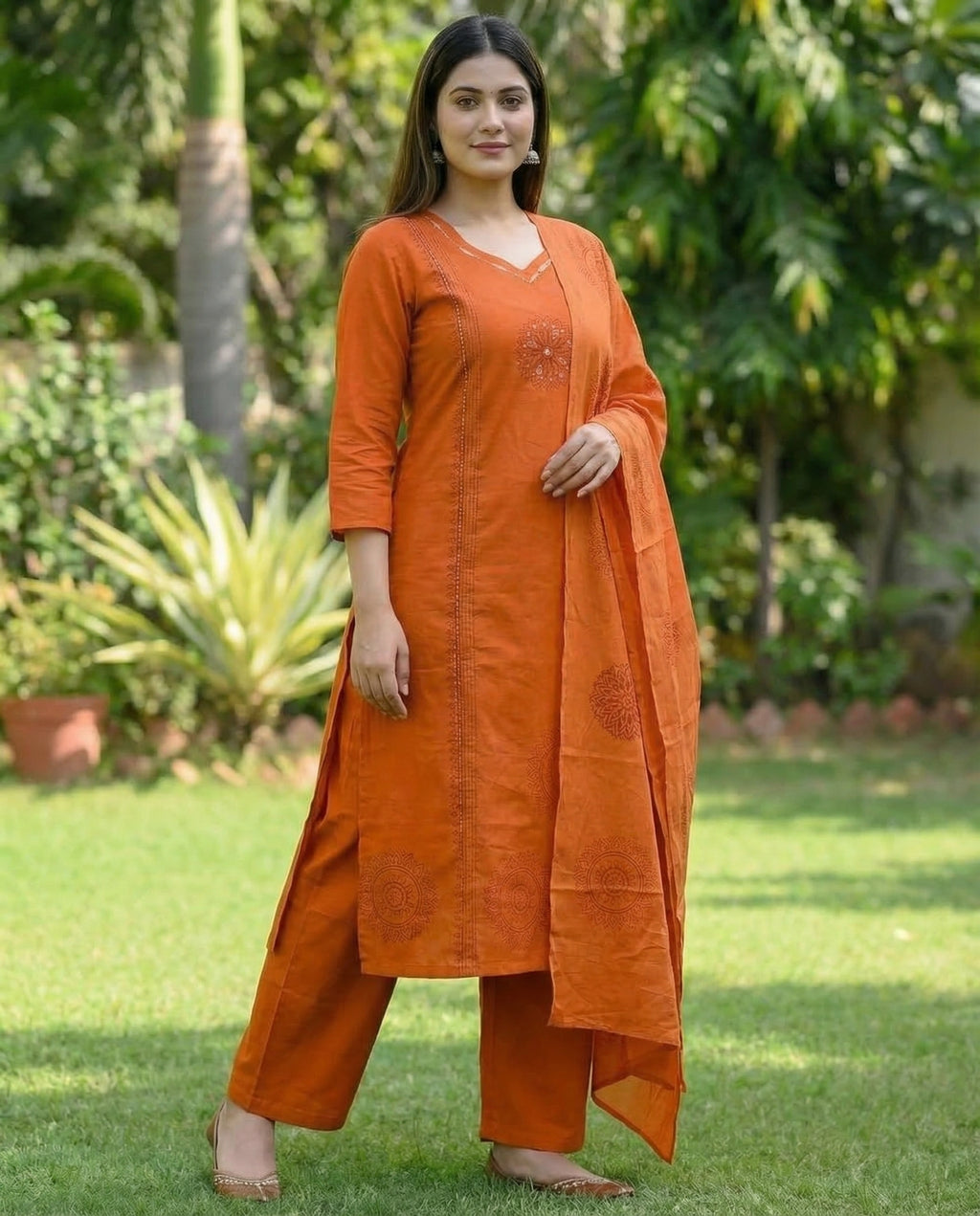 Orange Pure Cotton A-Line Kurti Pant Dupatta Set with Mirror Work for Women