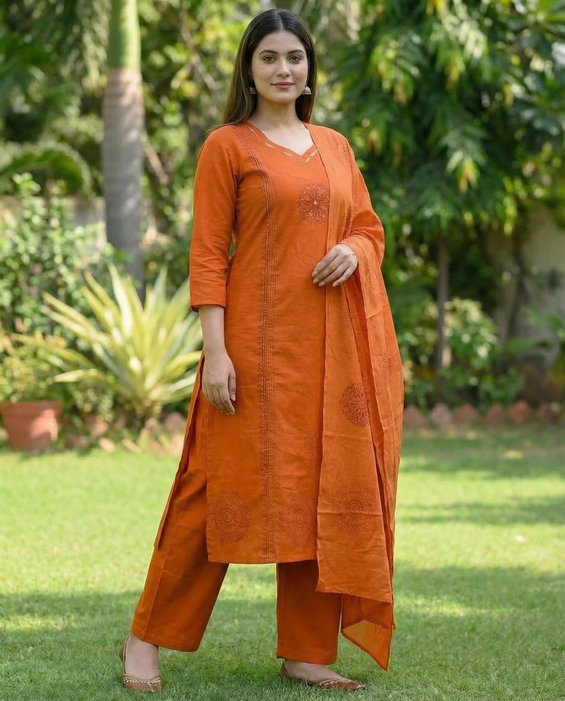 Orange Pure Cotton A-Line Kurti Pant Dupatta Set with Mirror Work for Women