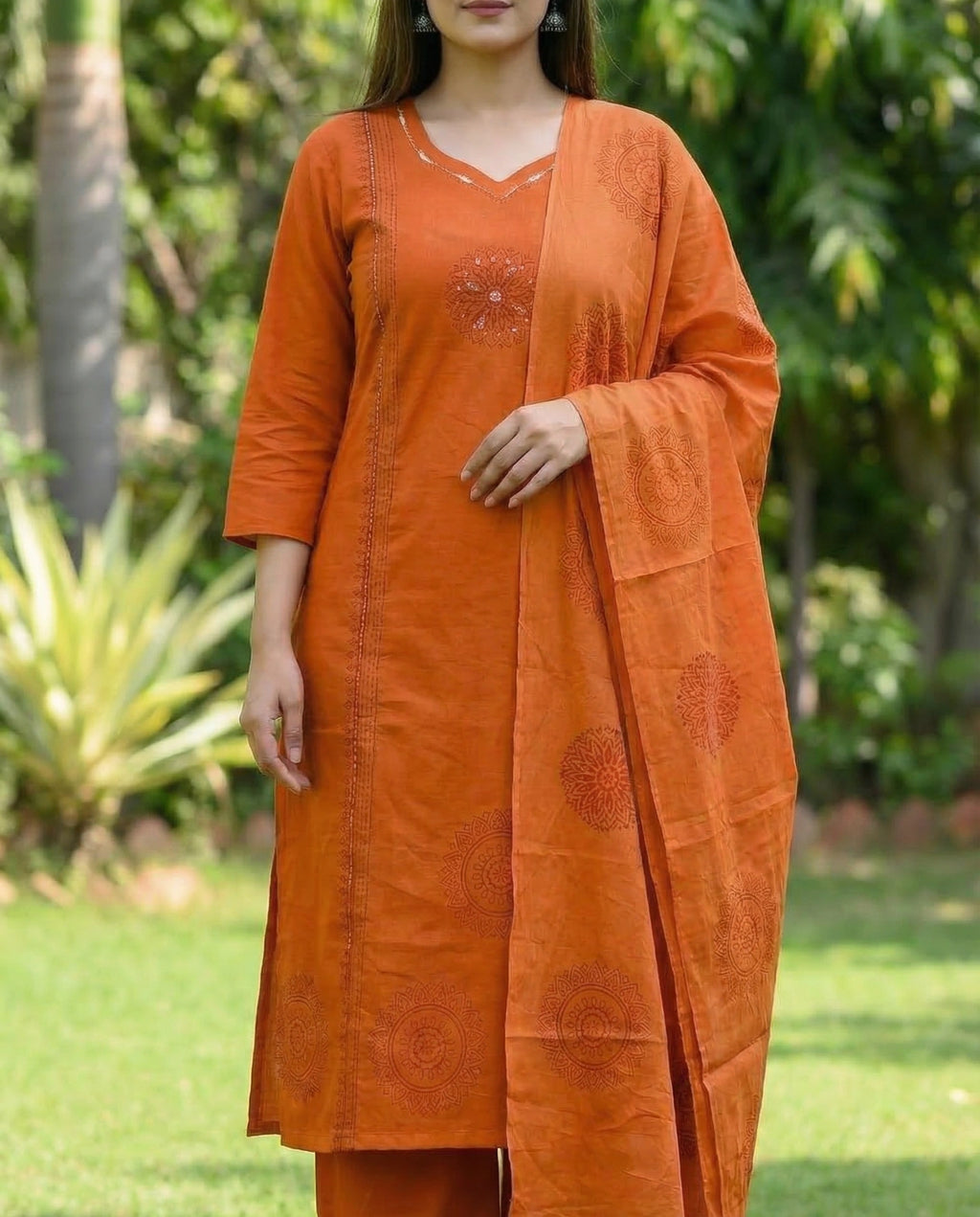 Orange Pure Cotton A-Line Kurti Pant Dupatta Set with Mirror Work for Women