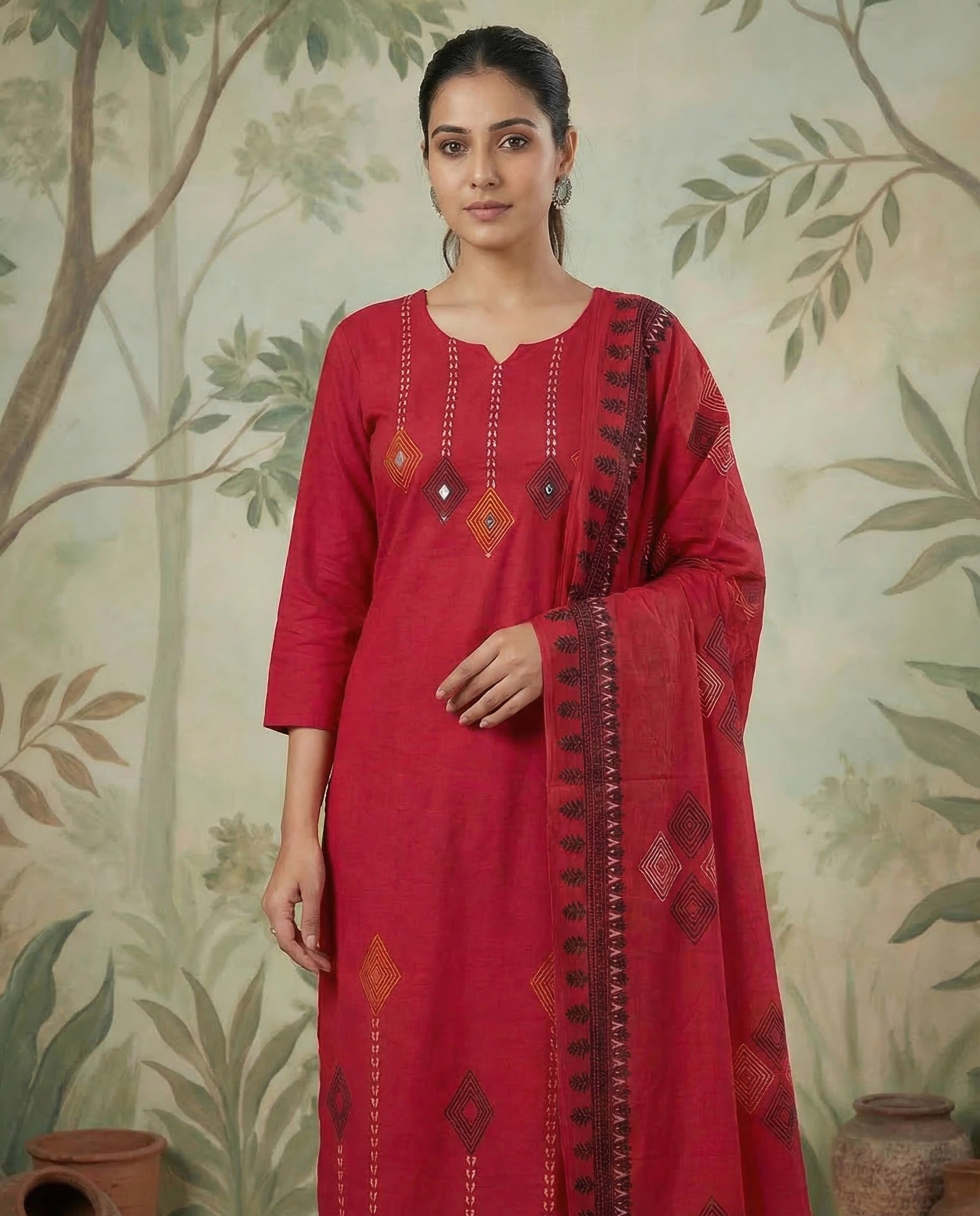 Cherry Pure Cotton Kurti Pant Dupatta Set with Mirror Work for Women