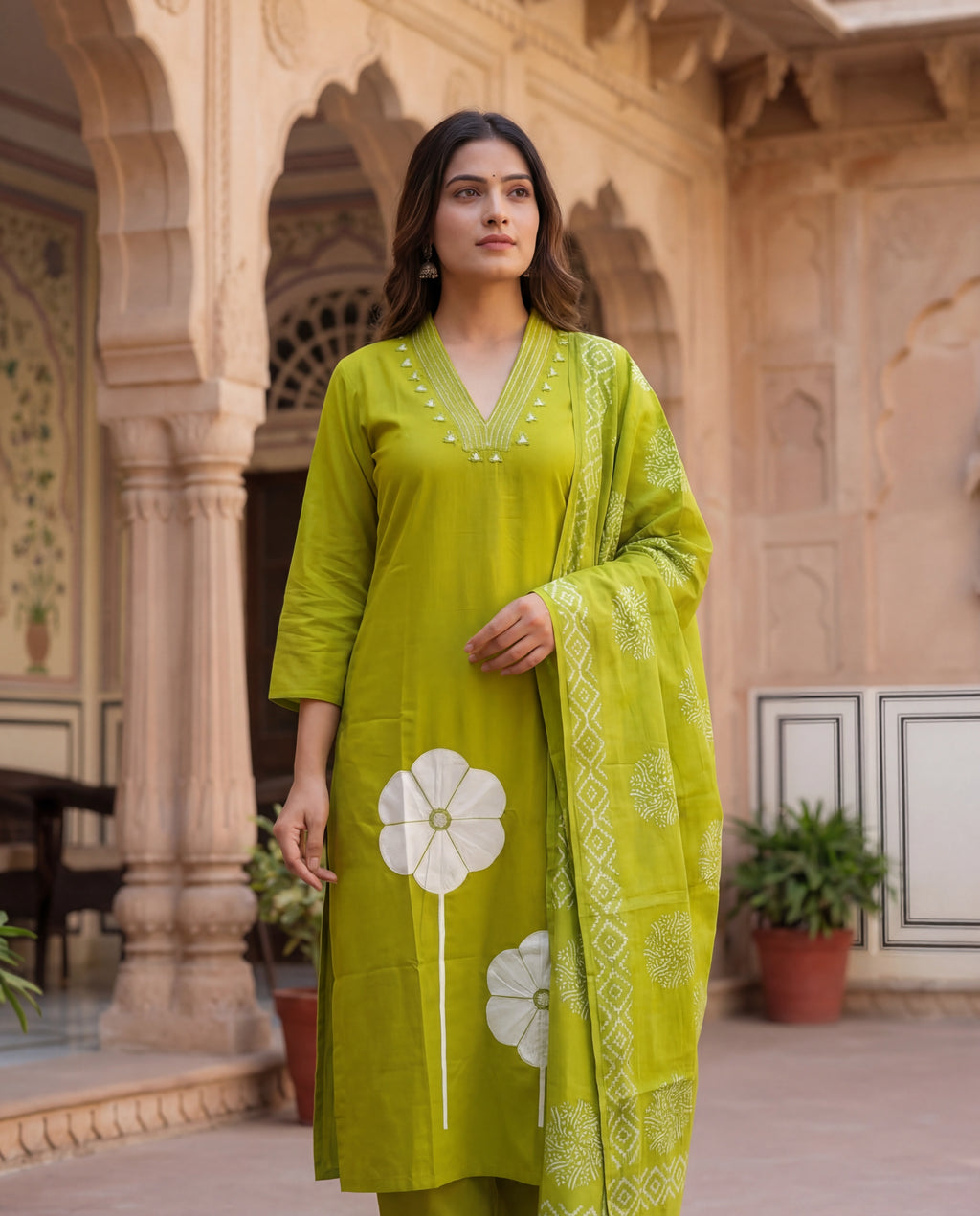 Parrot Green Cotton A-Line Kurti Pant Dupatta Set with Mirror Work | Aarvya Fashion