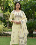 Light Yellow Pure Cotton A-Line Kurti Pant Dupatta Set with Mirror Work for Women