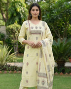 Light Yellow Pure Cotton A-Line Kurti Pant Dupatta Set with Mirror Work for Women