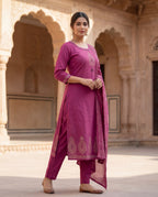 Rouge Cotton A-Line Kurti Pant Dupatta Set with Mirror Work | Aarvya Fashion