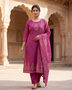 Rouge Cotton A-Line Kurti Pant Dupatta Set with Mirror Work | Aarvya Fashion