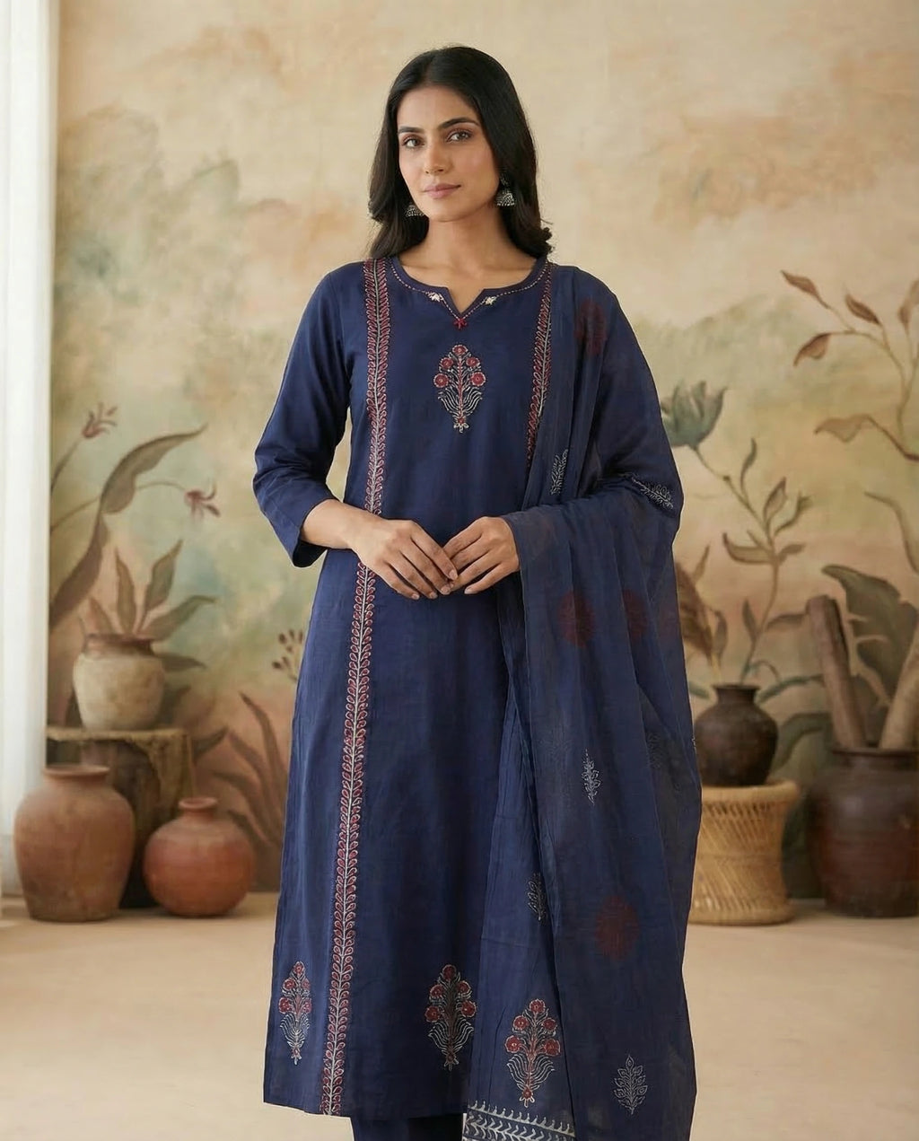Navy Blue Pure Cotton A-Line Kurti Pant Dupatta Set with Mirror Work for Women | Aarvya Fashion