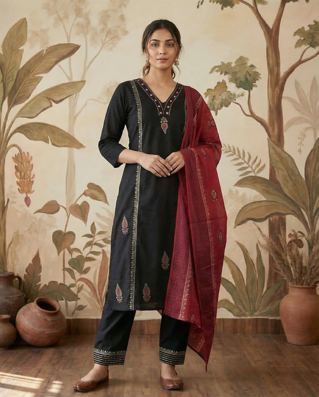 Black Pure Cotton A-Line Kurti Pant Dupatta Set with Mirror Work for Women