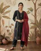 Black Pure Cotton A-Line Kurti Pant Dupatta Set with Mirror Work for Women